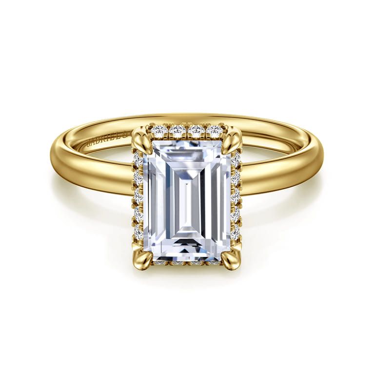 Symphony - 14K Yellow Gold Emerald Cut Hidden Halo Diamond Engagement Ring - 0.11 ct - Shot 1