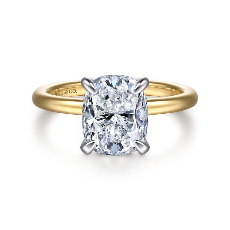 Cari - 14K White-Yellow Gold Hidden Halo Elongated Cushion Diamond Engagement Ring - 0.08 ct - Shot 1