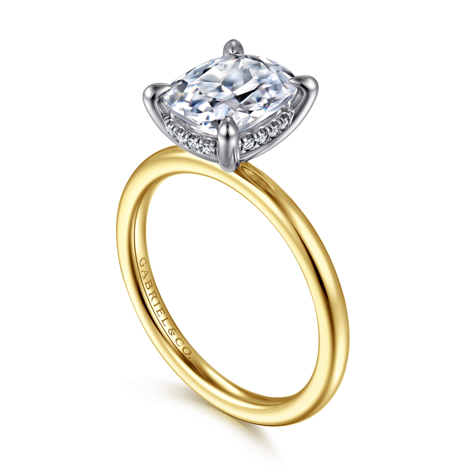 Cari - 14K White-Yellow Gold Hidden Halo Elongated Cushion Diamond Engagement Ring - 0.08 ct - Shot 3