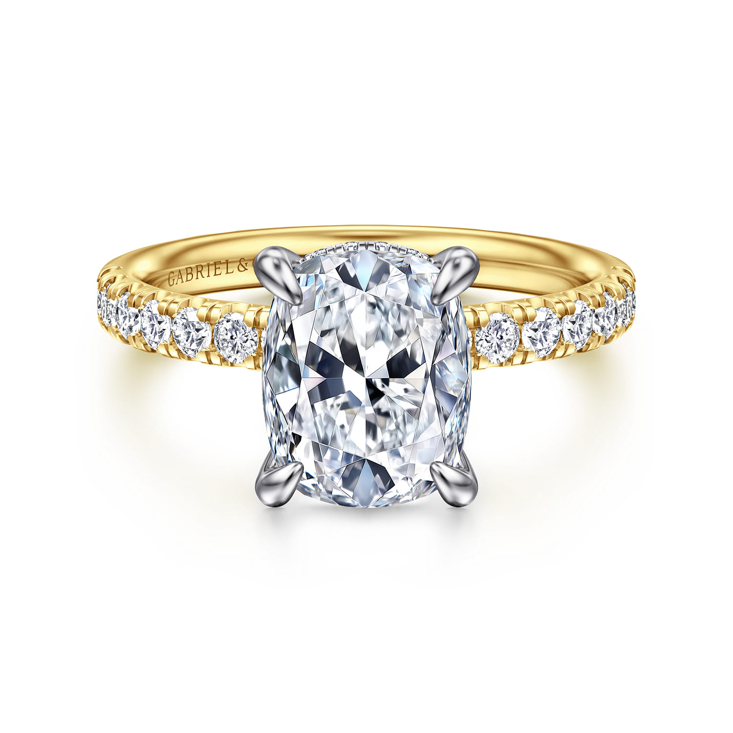 Adela - 14K White-Yellow Gold Elongated Cushion Hidden Halo Diamond Engagement Ring - 0.4 ct - Shot 1