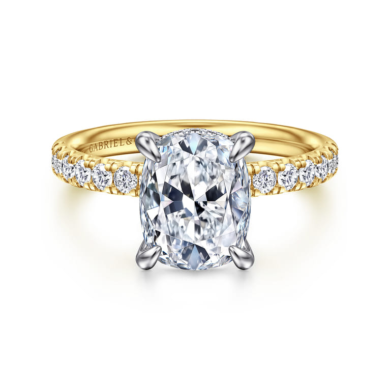 Adela - 14K White-Yellow Gold Elongated Cushion Hidden Halo Diamond Engagement Ring - 0.4 ct - Shot 1