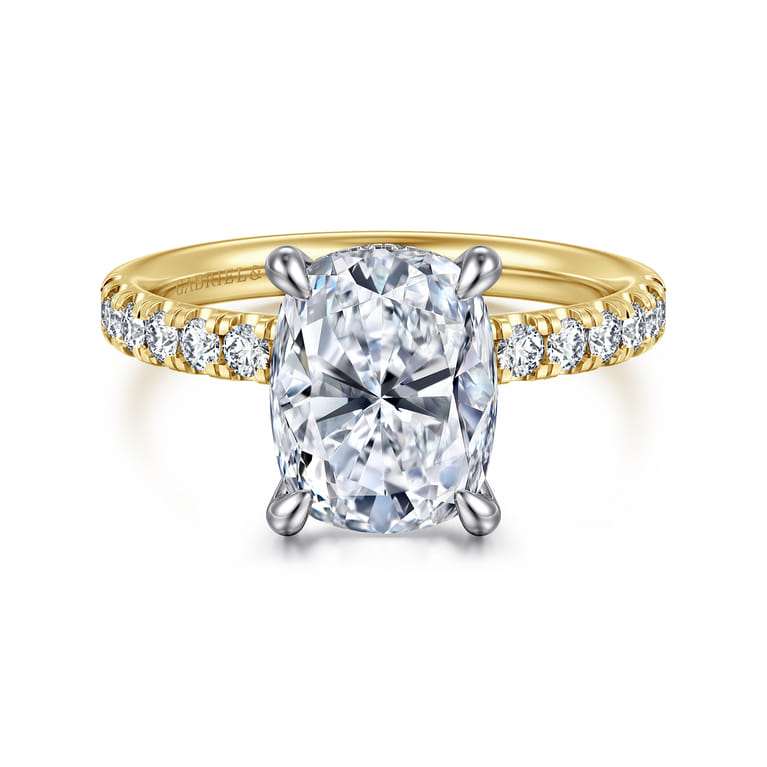 Adela - 14K White-Yellow Gold Elongated Cushion Hidden Halo Diamond Engagement Ring - 0.4 ct - Shot 1