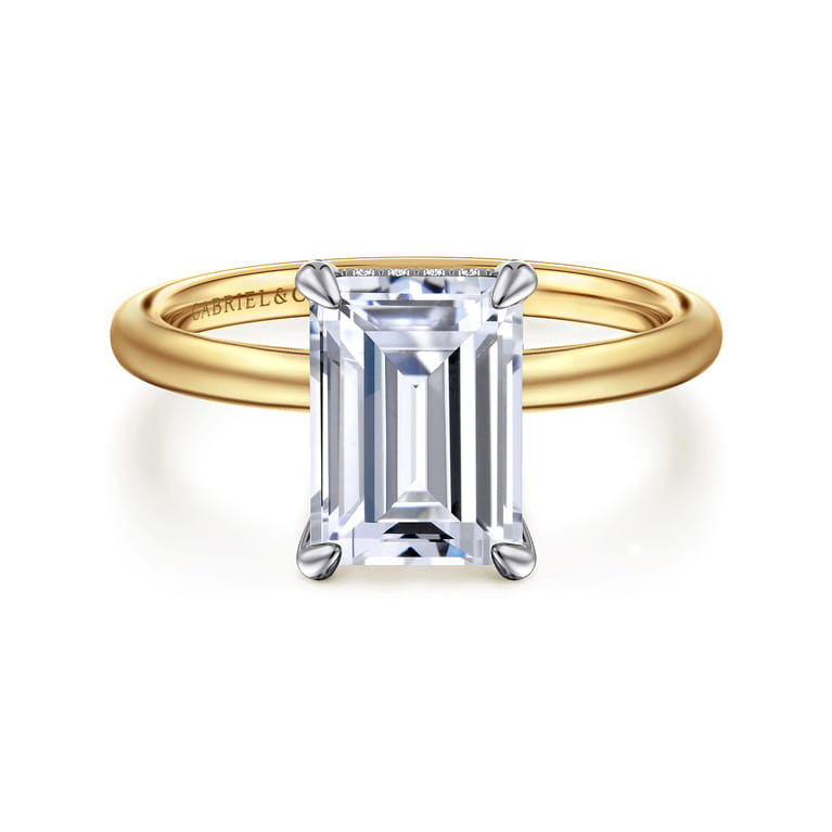 Cari - 14K White-Yellow Gold Hidden Halo Emerald Cut Diamond Engagement Ring - 0.08 ct - Shot 1