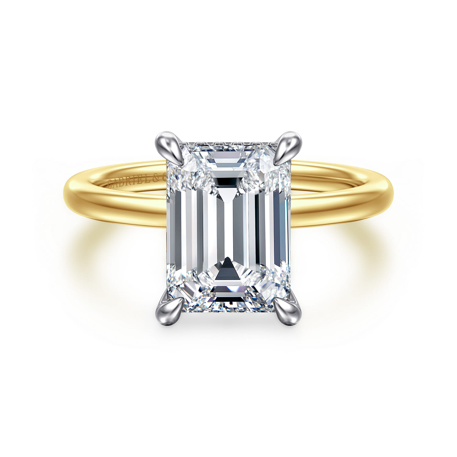 Cari - 14K White-Yellow Gold Hidden Halo Emerald Cut Diamond Engagement Ring - 0.09 ct - Shot 1