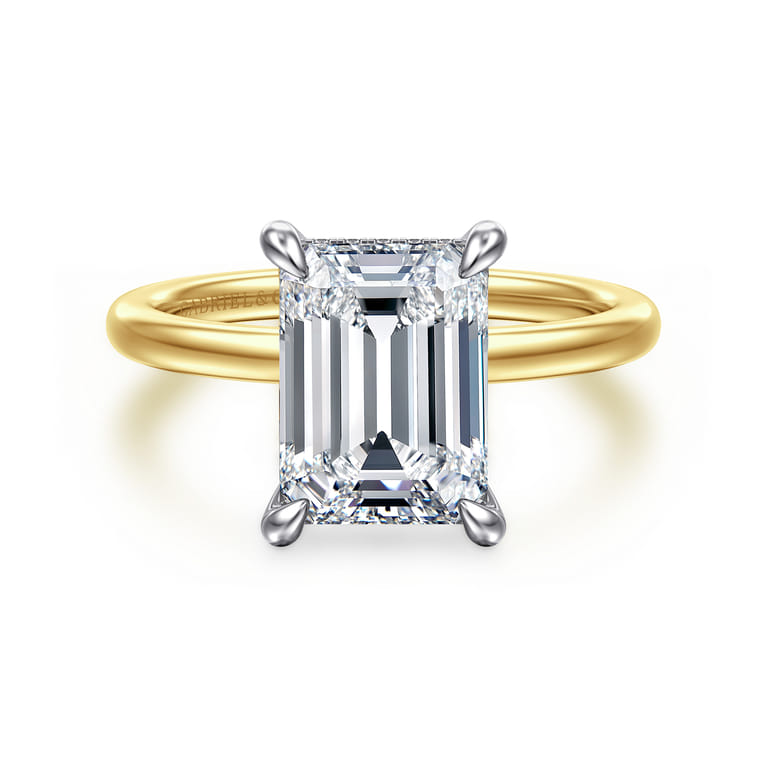 Cari - 14K White-Yellow Gold Hidden Halo Emerald Cut Diamond Engagement Ring - 0.09 ct - Shot 1