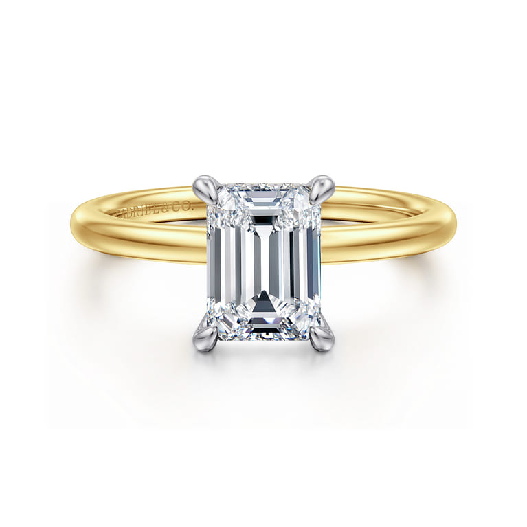Cari - 14K White-Yellow Gold Hidden Halo Emerald Cut Diamond Engagement Ring - 0.06 ct - Shot 1