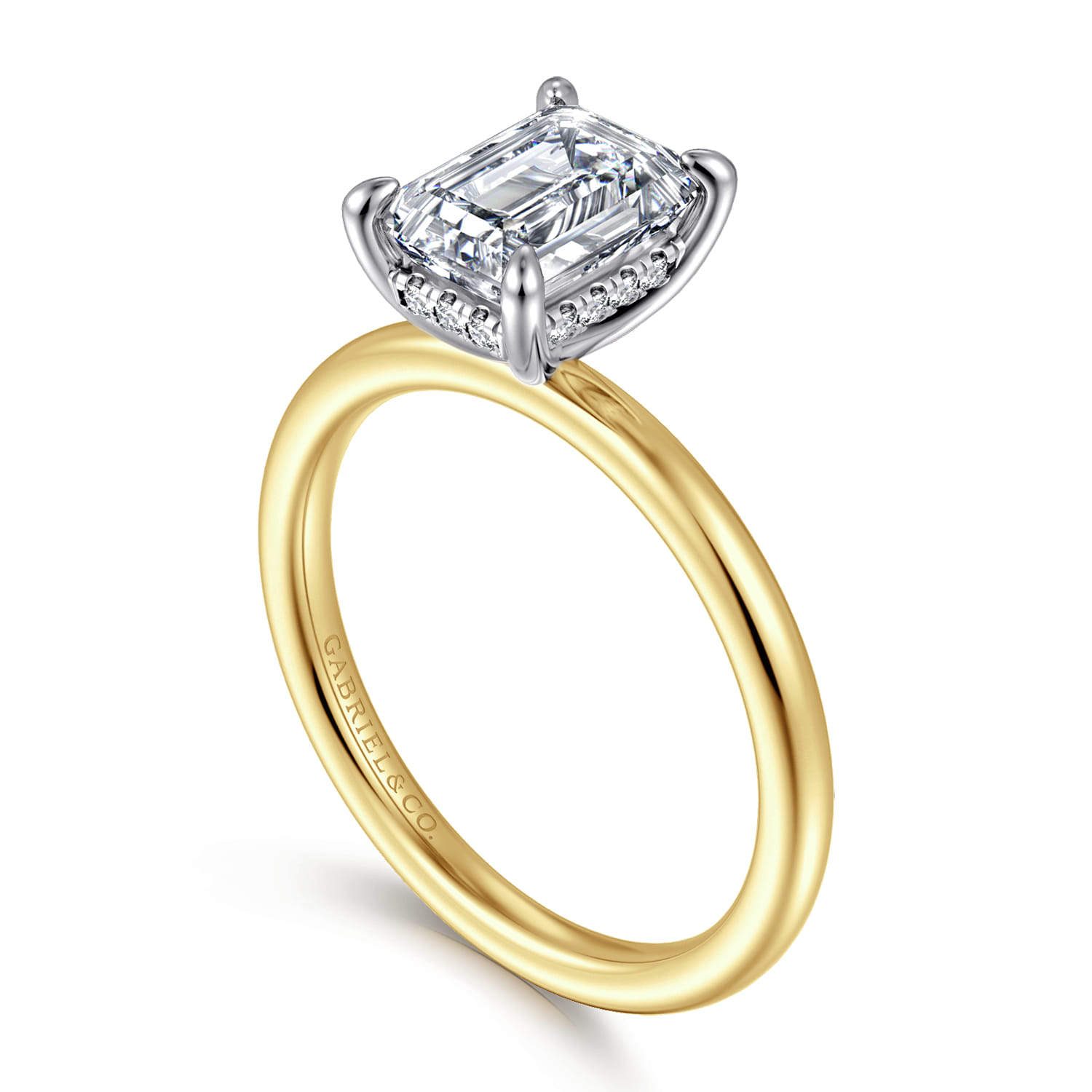 Cari - 14K White-Yellow Gold Hidden Halo Emerald Cut Diamond Engagement Ring - 0.06 ct - Shot 3