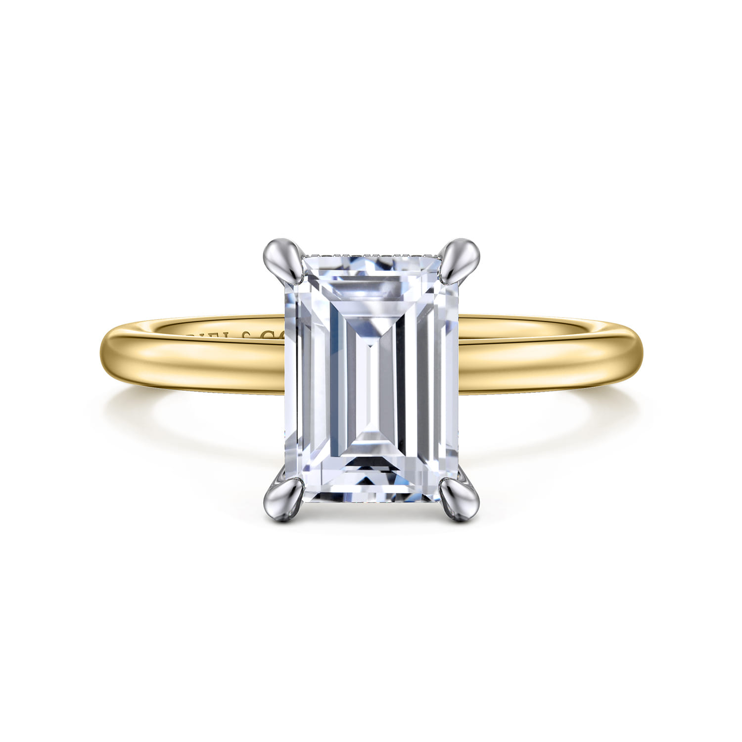 Cari - 14K White-Yellow Gold Hidden Halo Emerald Cut Diamond Engagement Ring - 0.07 ct - Shot 1