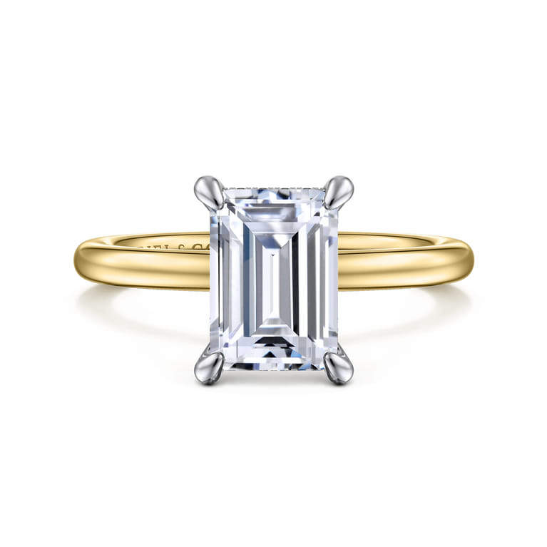 Cari - 14K White-Yellow Gold Hidden Halo Emerald Cut Diamond Engagement Ring - 0.07 ct - Shot 1