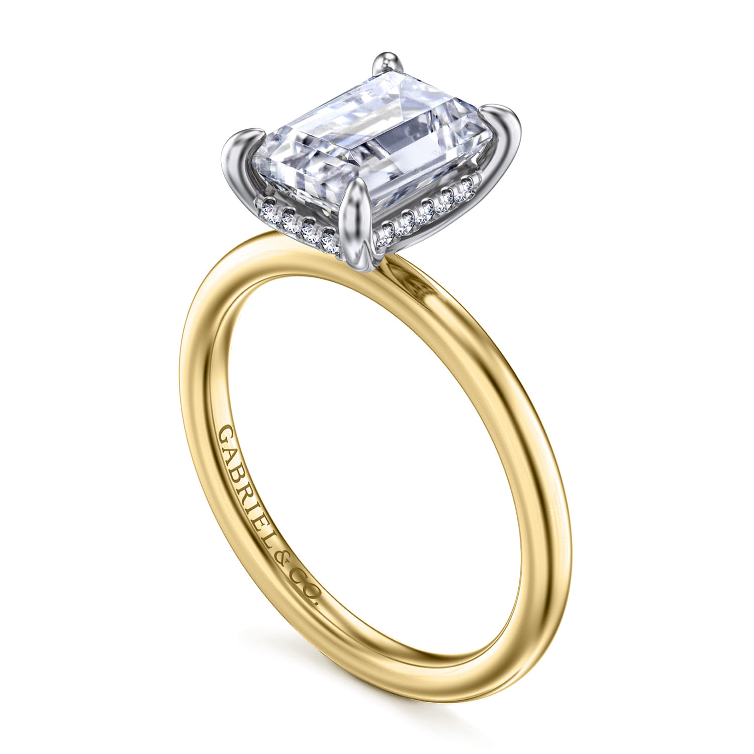 Cari - 14K White-Yellow Gold Hidden Halo Emerald Cut Diamond Engagement Ring - 0.07 ct - Shot 3