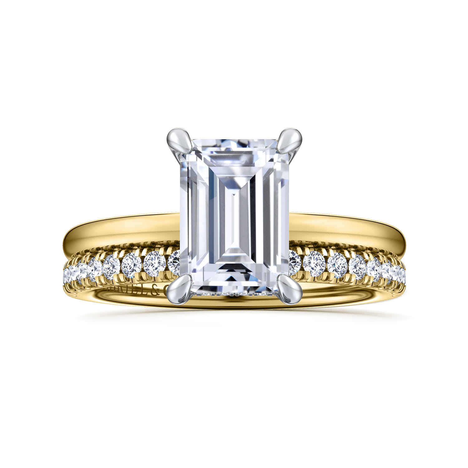 Cari - 14K White-Yellow Gold Hidden Halo Emerald Cut Diamond Engagement Ring - 0.07 ct - Shot 4