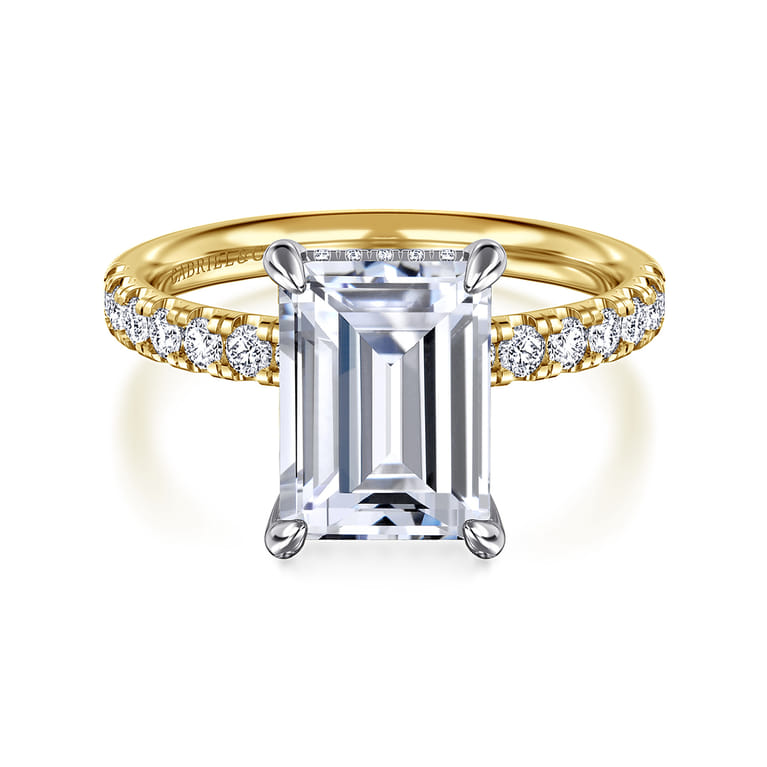 Adela - 14K White- Yellow Gold Emerald Cut Hidden Halo Diamond Engagement Ring - 0.42 ct - Shot 1