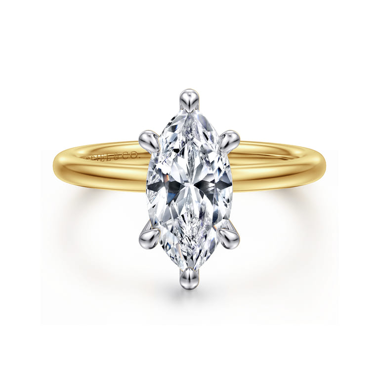 Cari - 14K White-Yellow Gold Hidden Halo Marquise Shape Diamond Engagement Ring - 0.06 ct - Shot 1