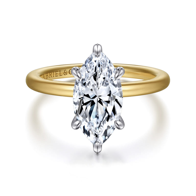 Cari - 14K White-Yellow Gold 6 Prong Hidden Halo Marquise Shape Diamond Engagement Ring - 0.07 ct - Shot 1