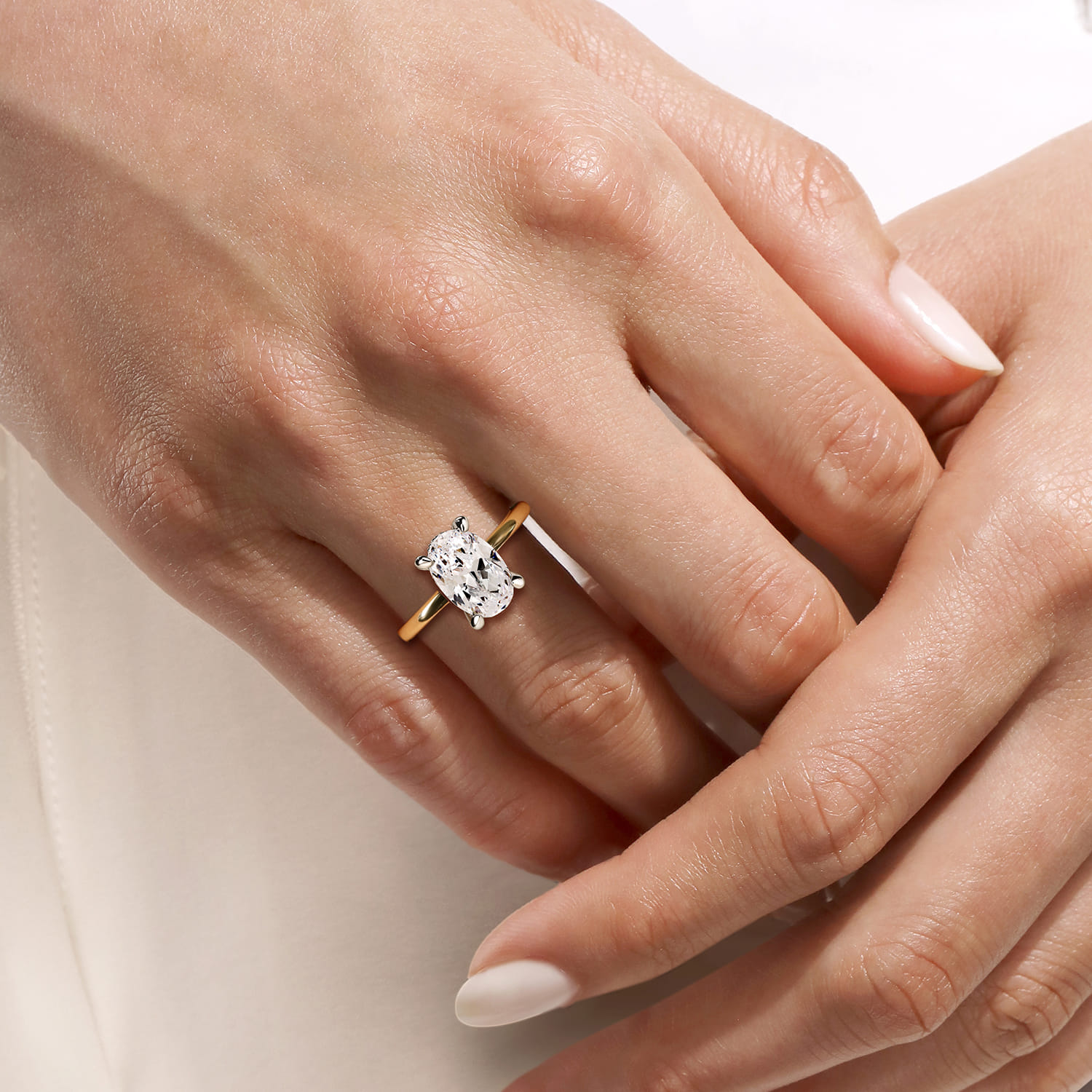 Cari - 14K White-Yellow Gold Hidden Halo Oval Diamond Engagement Ring - 0.06 ct - Shot 6