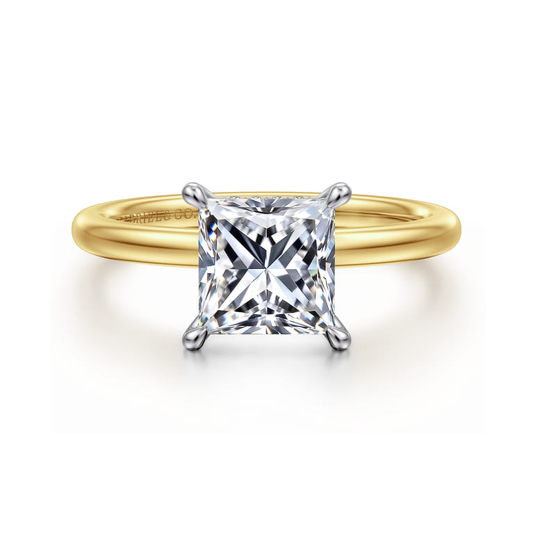 Cari - 14K White-Yellow Gold Princess Hidden Halo Diamond Engagement Ring - 0.06 ct - Shot 1