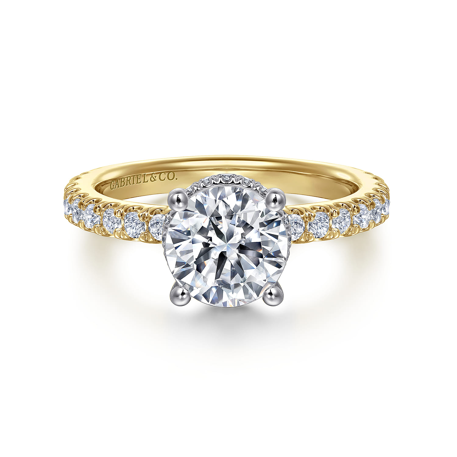 Alina - 14K White-Yellow Gold Hidden Halo Round Diamond Engagement Ring - 0.58 ct - Shot 1
