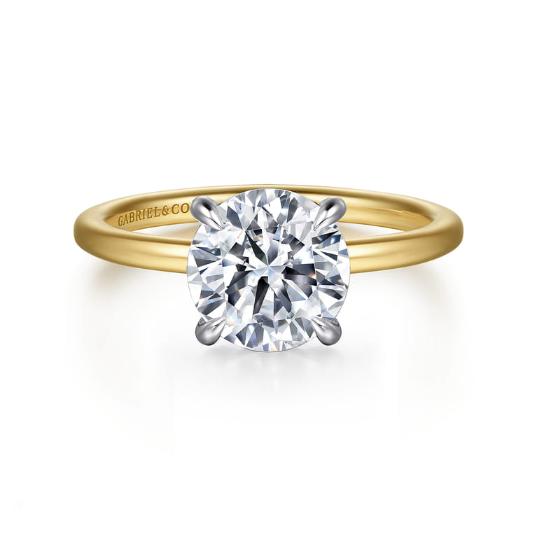 Cari - 14K White-Yellow Gold Hidden Halo Round Diamond Engagement Ring - 0.07 ct - Shot 1