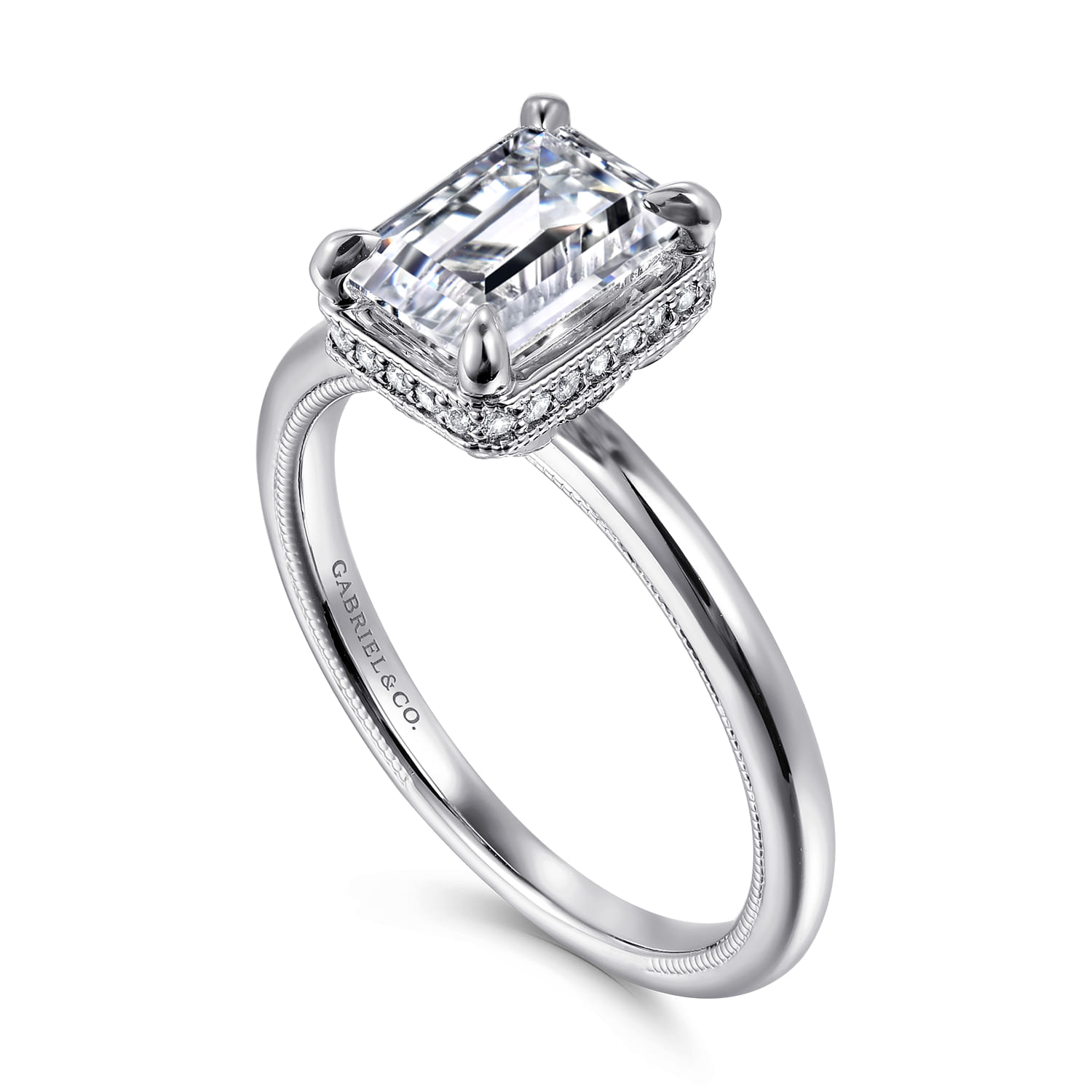 Catallina - 14K White Gold Bezel Prong Emerald Cut Diamond Engagement Ring - 0.17 ct - Shot 3