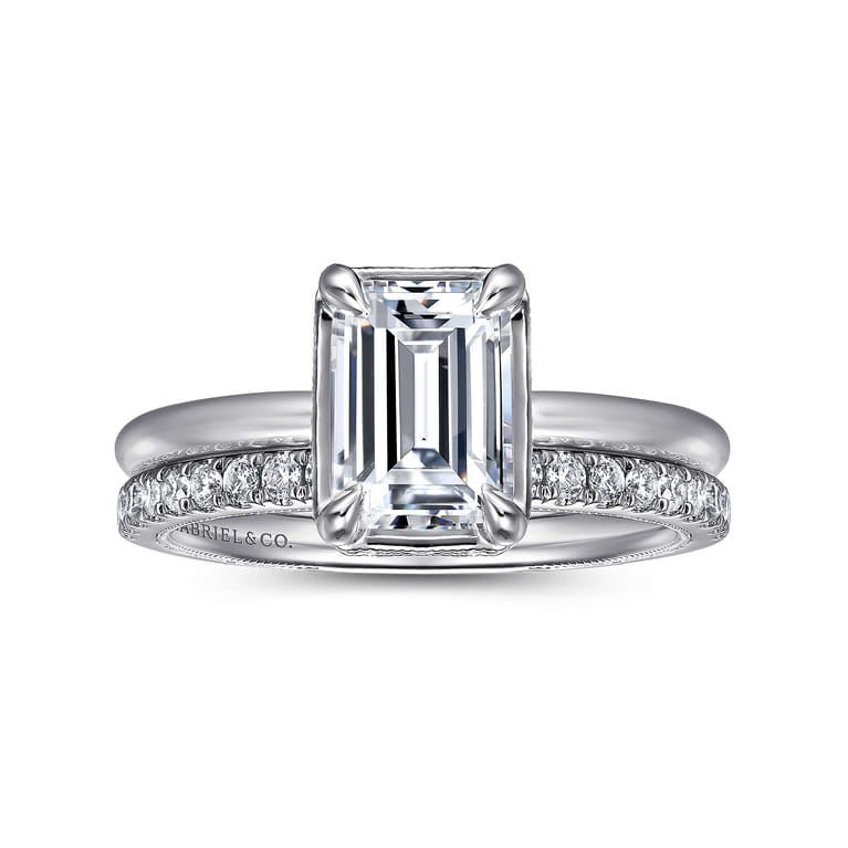 Catallina - 14K White Gold Bezel Prong Emerald Cut Diamond Engagement Ring - 0.17 ct - Shot 4
