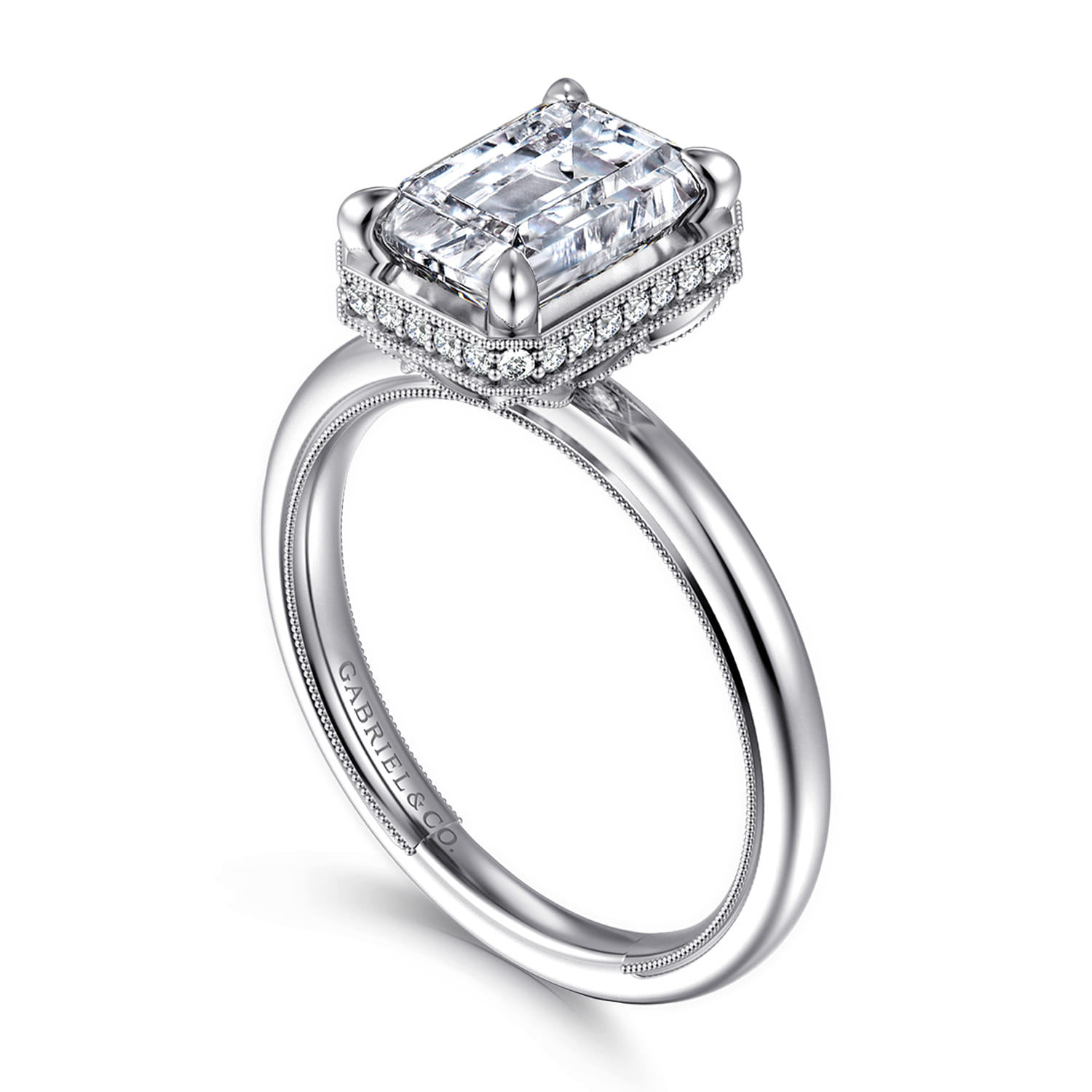 Catallina - 14K White Gold Bezel Prong Emerald Cut Diamond Engagement Ring - 0.18 ct - Shot 3