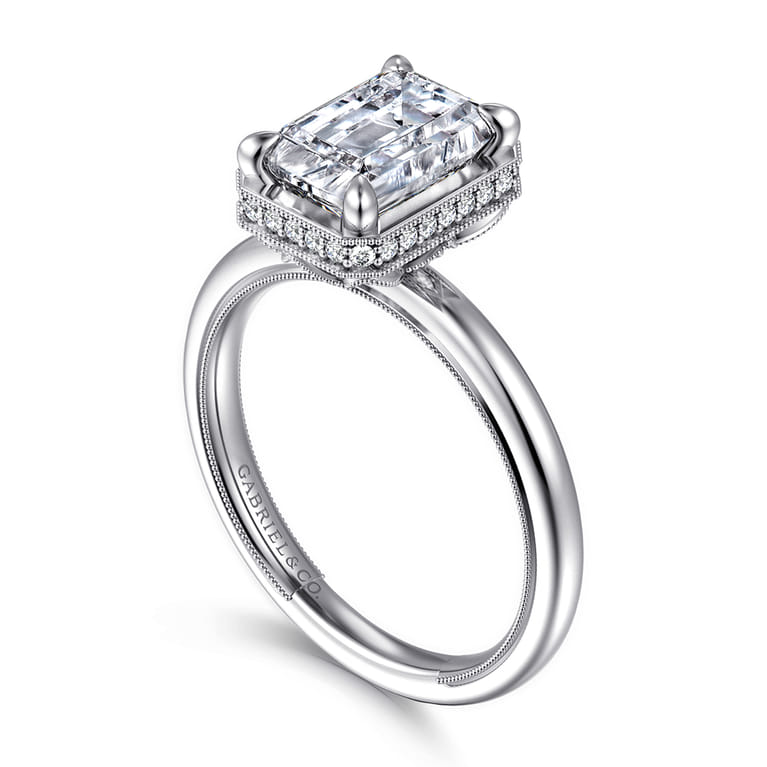 Catallina - 14K White Gold Bezel Prong Emerald Cut Diamond Engagement Ring - 0.18 ct - Shot 3