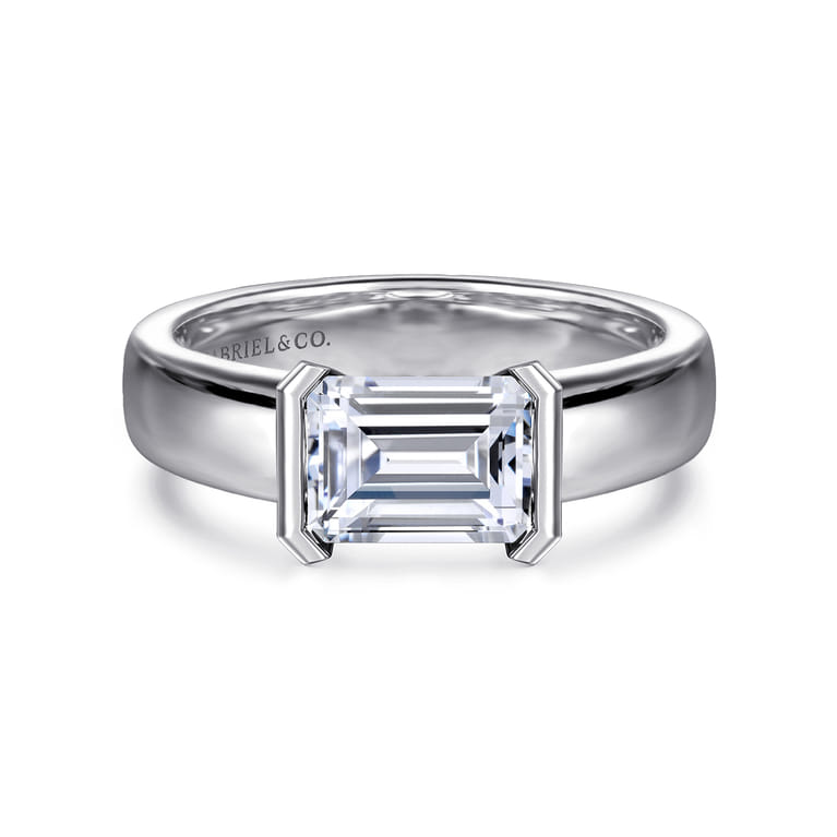 Bara - 14K White Gold Half Bezel East West Emerald Cut Diamond Engagement Ring - Shot 1