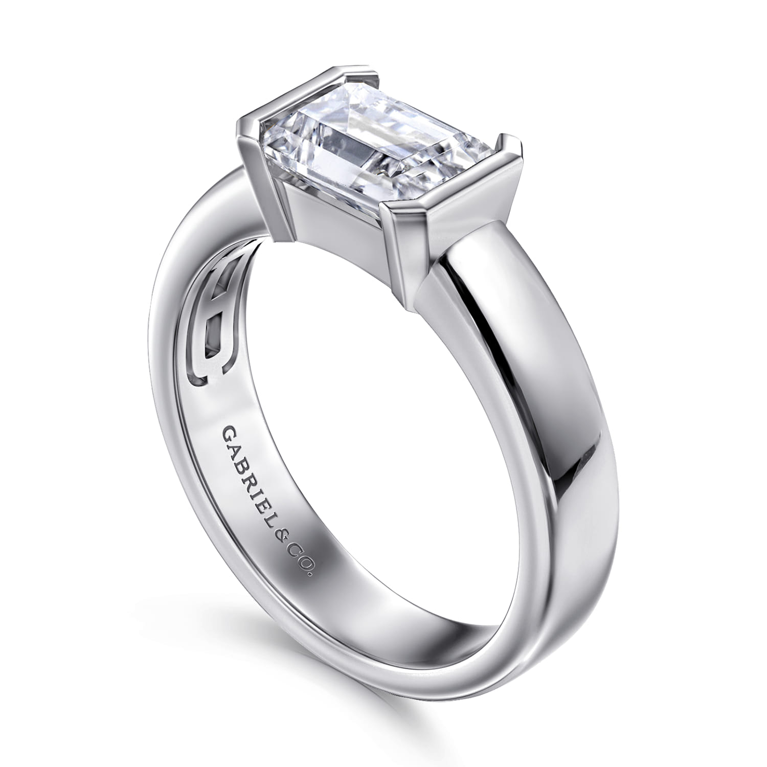 Bara - 14K White Gold Half Bezel East West Emerald Cut Diamond Engagement Ring - Shot 3