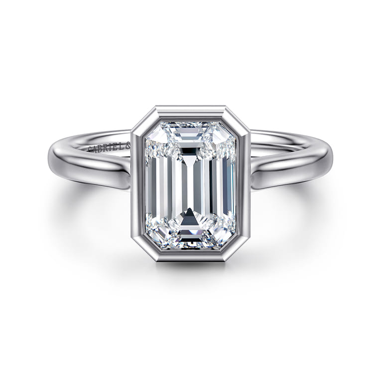 Giovana - 14K White Gold Emerald Cut Bezel Set Diamond Engagement Ring - Shot 1