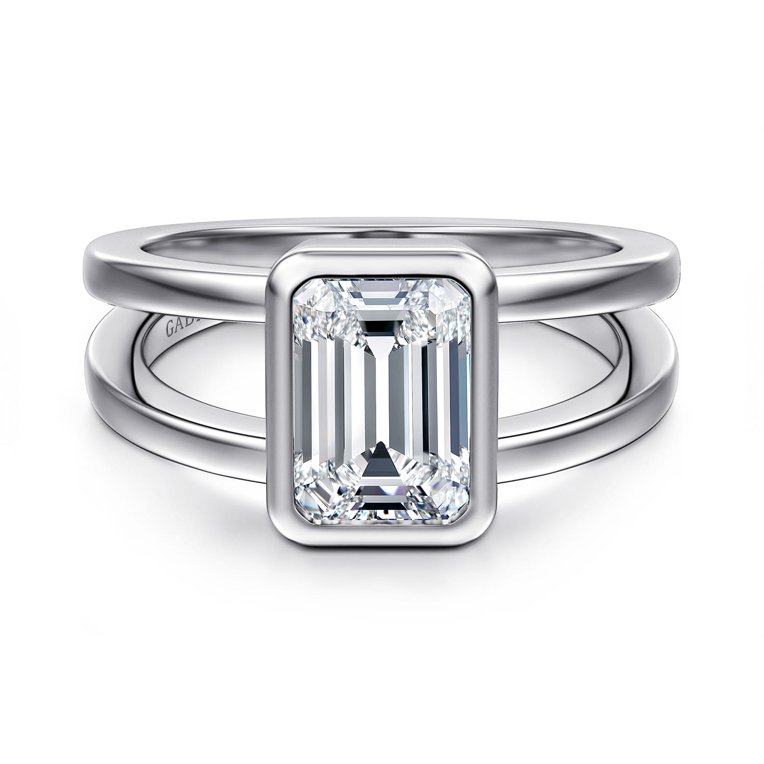 Sami - 14K White Gold Emerald Cut Split Shank Bezel Solitaire Diamond Engagement Ring - Shot 1