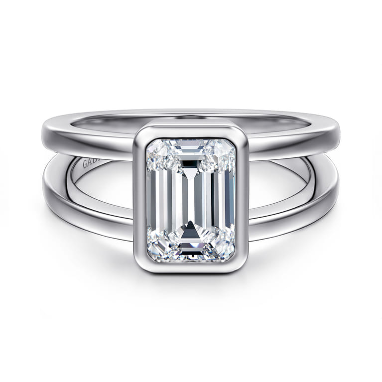 Sami - 14K White Gold Emerald Cut Split Shank Bezel Solitaire Diamond Engagement Ring - Shot 1