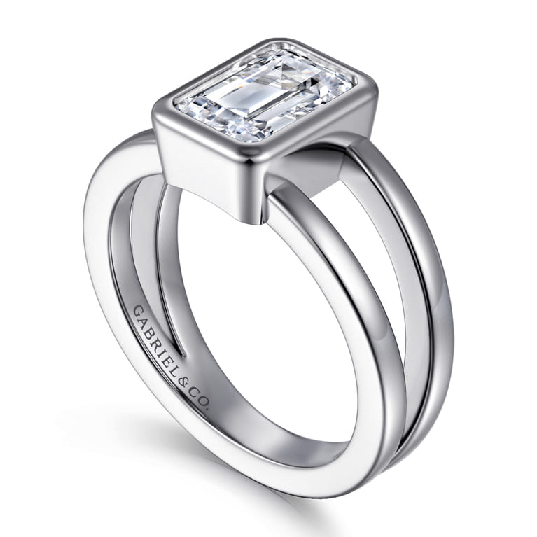 Sami - 14K White Gold Emerald Cut Split Shank Bezel Solitaire Diamond Engagement Ring - Shot 3