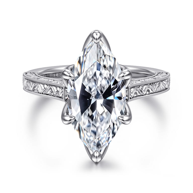 Amidala - Vintage Inspired 14K White Gold Marquise Shape Solitaire Diamond Engagement Ring - Shot 1