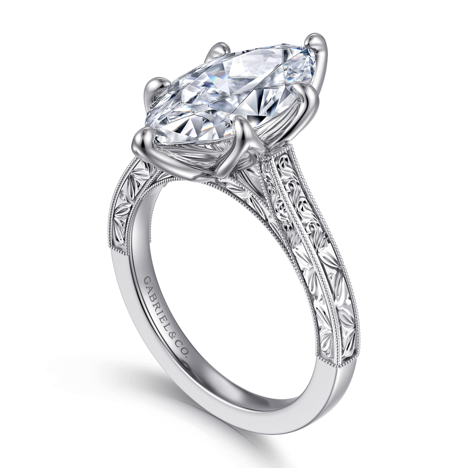Amidala - Vintage Inspired 14K White Gold Marquise Shape Solitaire Diamond Engagement Ring - Shot 3