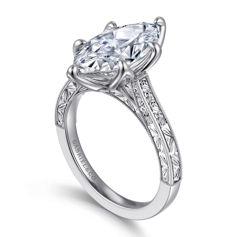 Amidala - Vintage Inspired 14K White Gold Marquise Shape Solitaire Diamond Engagement Ring - Shot 3