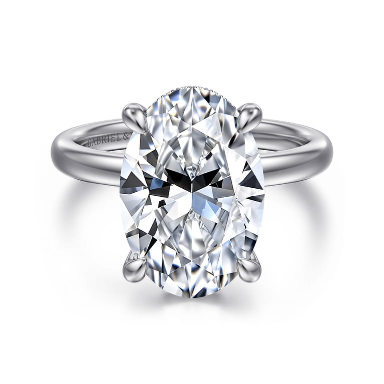 Lua - 14K White Gold Hidden Halo Oval Diamond Engagement Ring - 0.1 ct - Shot 1