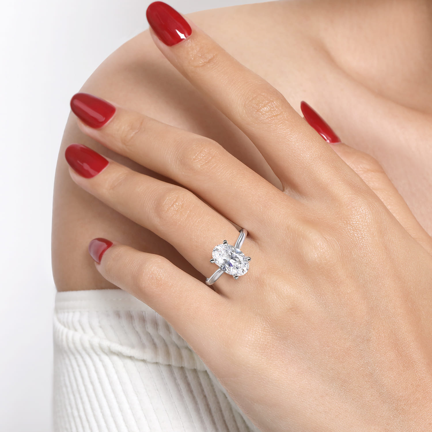 Bena - 14K White Gold Oval Solitaire Diamond Engagement Ring - Shot 6