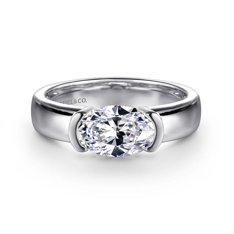 Bara - 14K White Gold Half Bezel East West Oval Diamond Engagement Ring - Shot 1