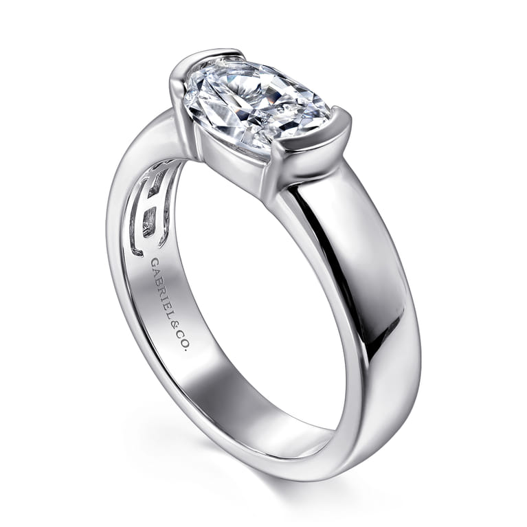 Bara - 14K White Gold Half Bezel East West Oval Diamond Engagement Ring - Shot 3