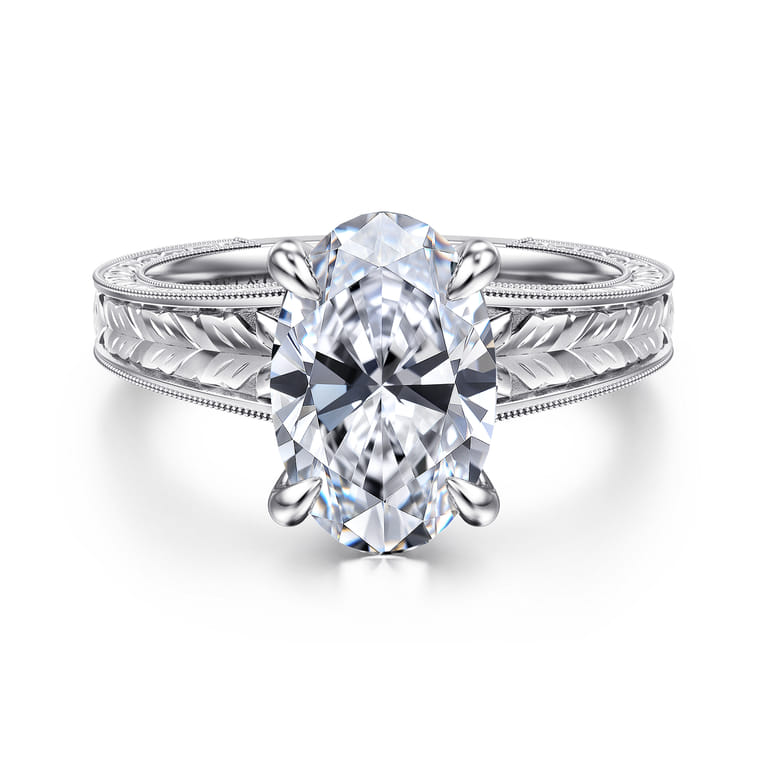 Caltha - Vintage Inspired 14K White Gold Oval Solitaire Diamond Engagement Ring - Shot 1