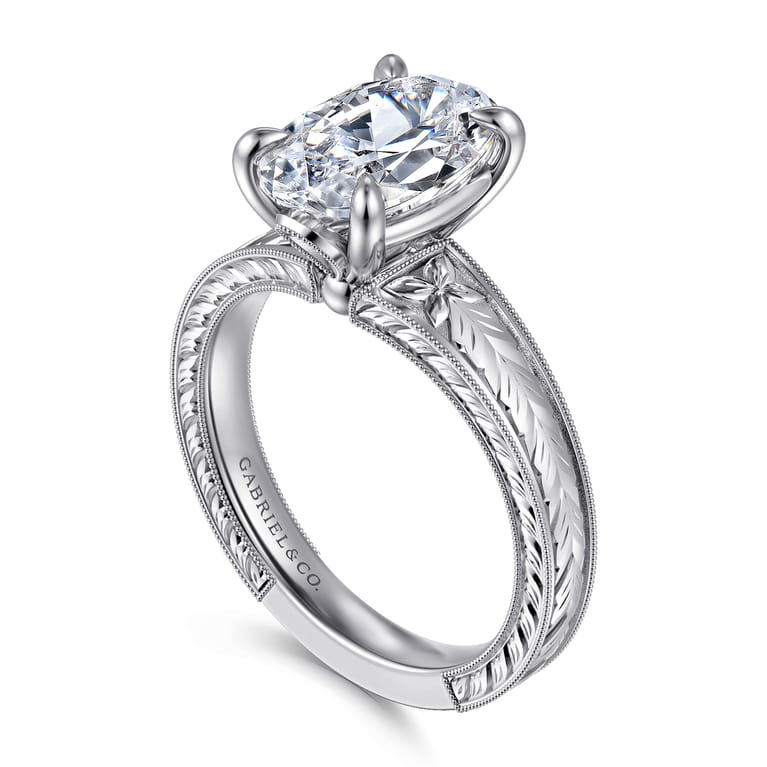 Caltha - Vintage Inspired 14K White Gold Oval Solitaire Diamond Engagement Ring - Shot 3