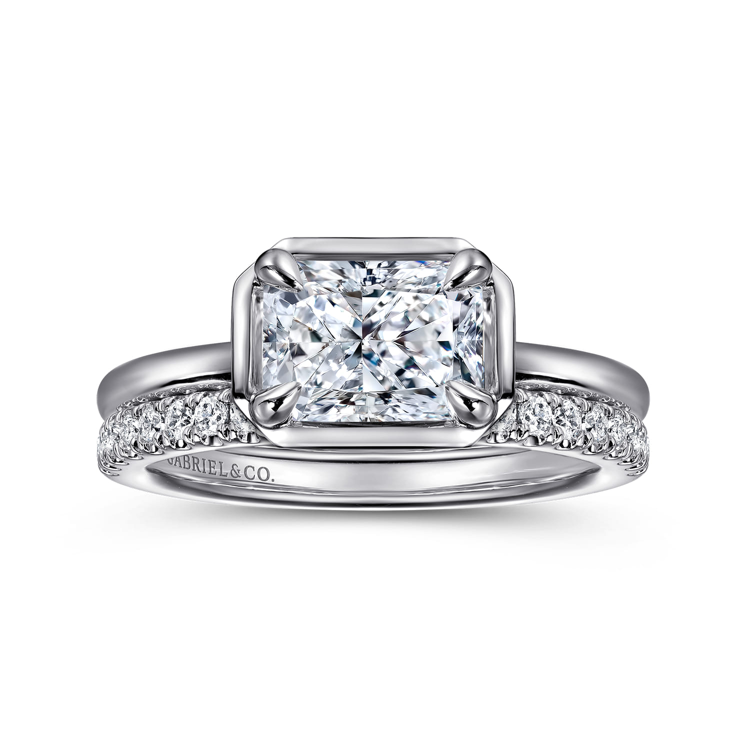 Linen - 14K White Gold East West and Bezel Prong Radiant Cut Diamond Engagement Ring - Shot 4
