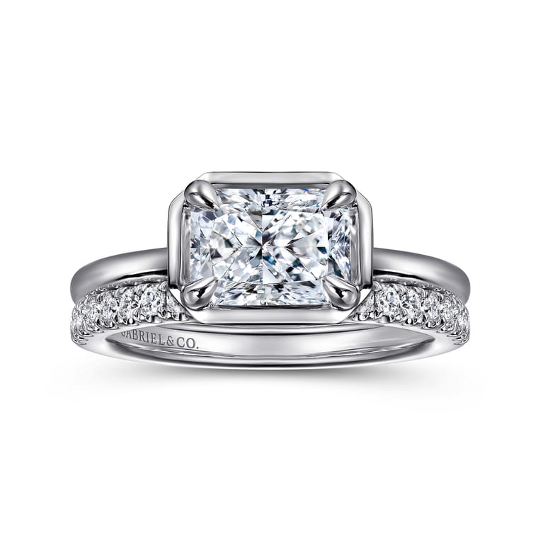 Linen - 14K White Gold East West and Bezel Prong Radiant Cut Diamond Engagement Ring - Shot 4