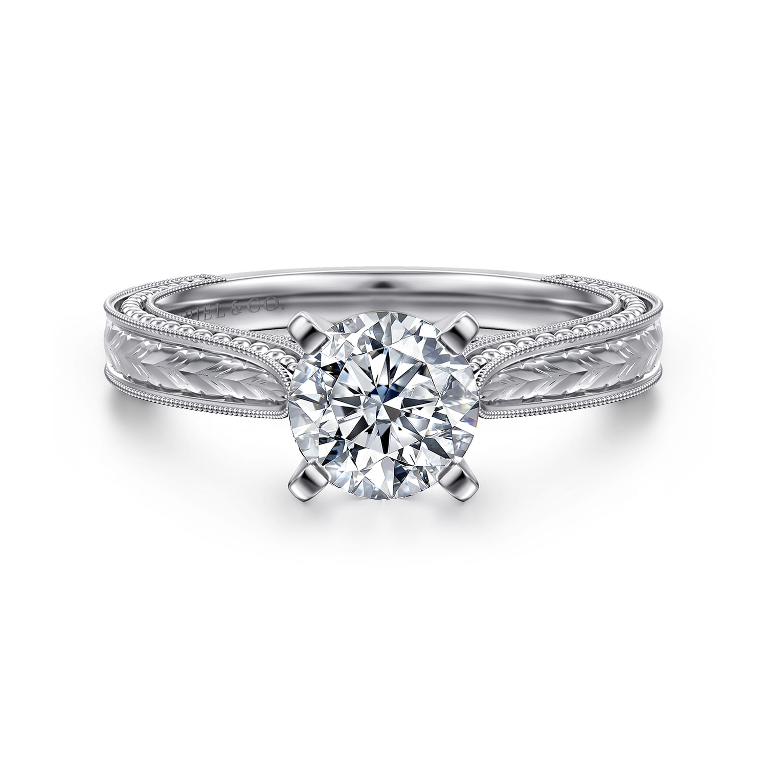 Maura - Vintage Inspired 14K White Gold Round Solitaire Engagement Ring - Shot 1