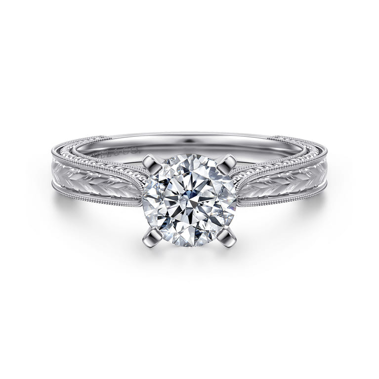 Maura - Vintage Inspired 14K White Gold Round Solitaire Engagement Ring - Shot 1