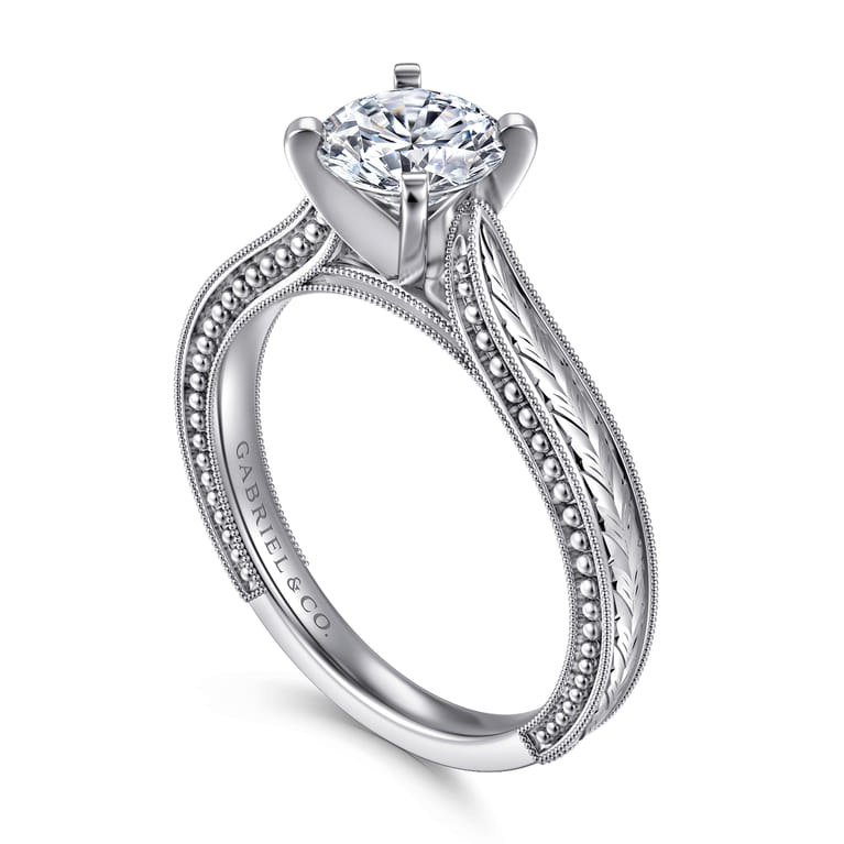Maura - Vintage Inspired 14K White Gold Round Solitaire Engagement Ring - Shot 3
