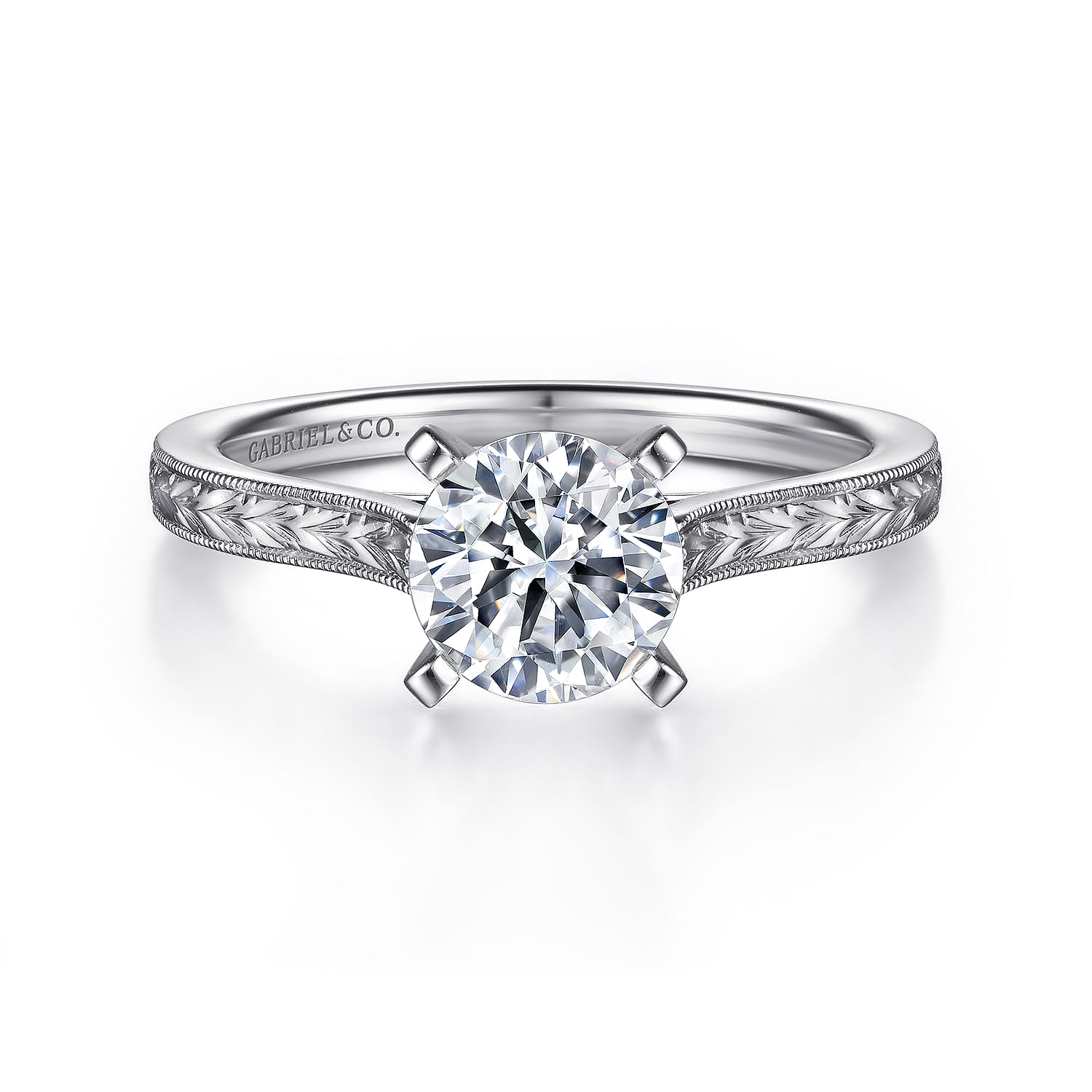 Alma - Vintage Inspired 14K White Gold Round Solitaire Engagement Ring - Shot 1