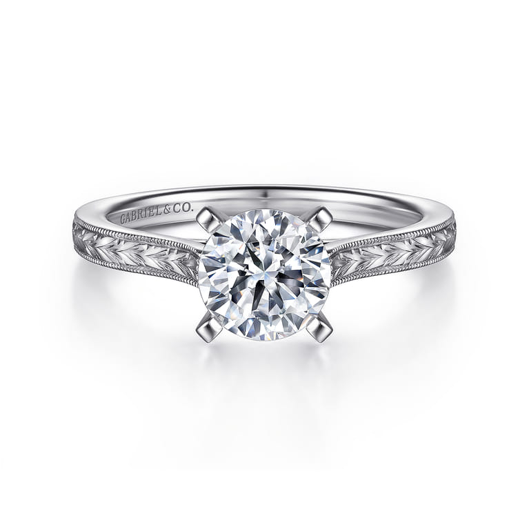 Alma - Vintage Inspired 14K White Gold Round Solitaire Engagement Ring - Shot 1