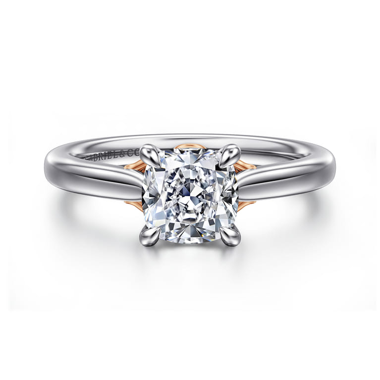 Nelia - 14K White-Rose Gold Cushion Cut Lotus Diamond Engagement Ring - Shot 1