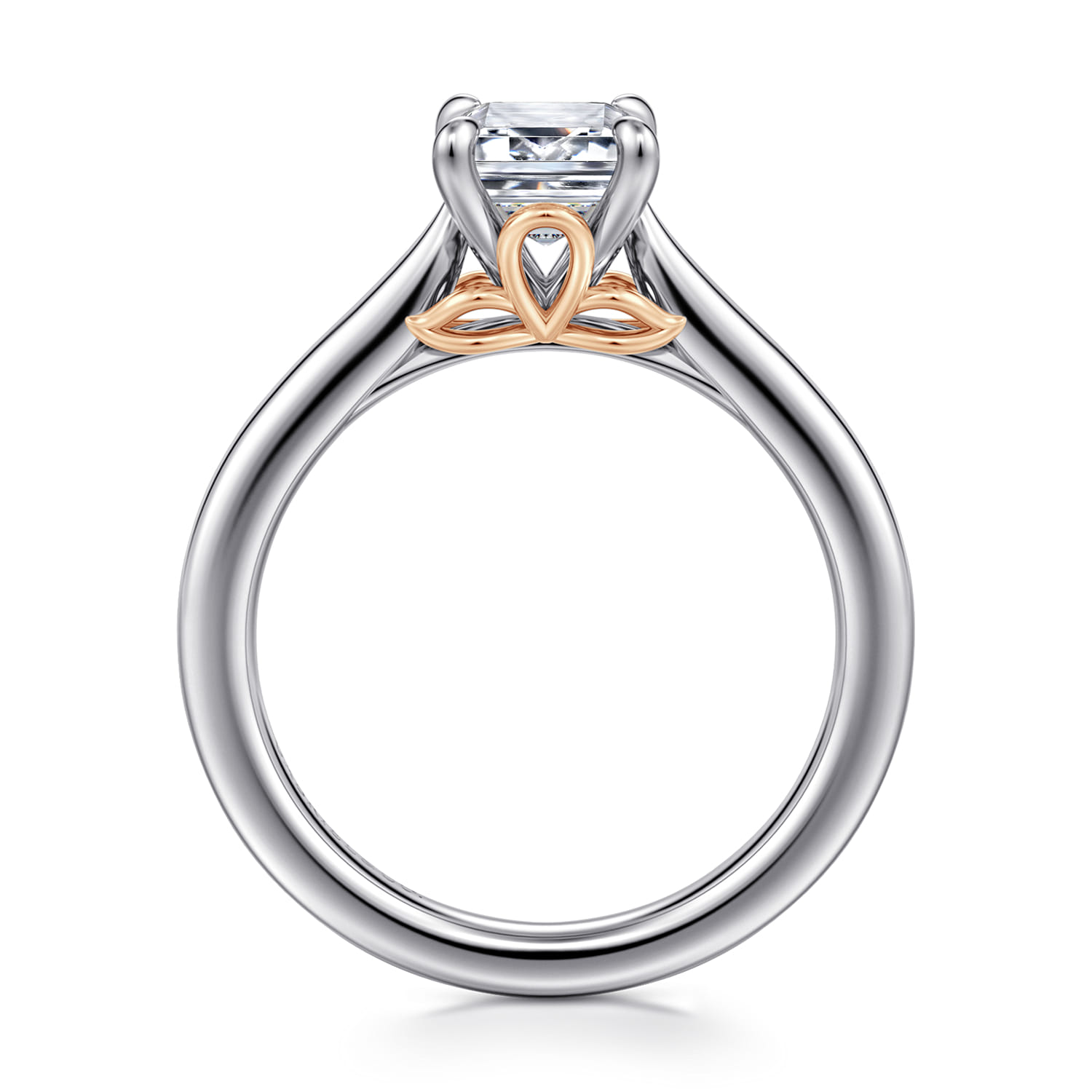Nelia - 14K White-Rose Gold Emerald Cut Lotus Diamond Engagement Ring - Shot 2
